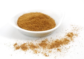 Cinnamon Bark and Powder, cinnamomum zeylanicum against White Background