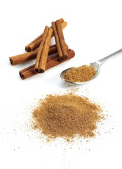 Cinnamon Bark and Powder, cinnamomum zeylanicum against White Background