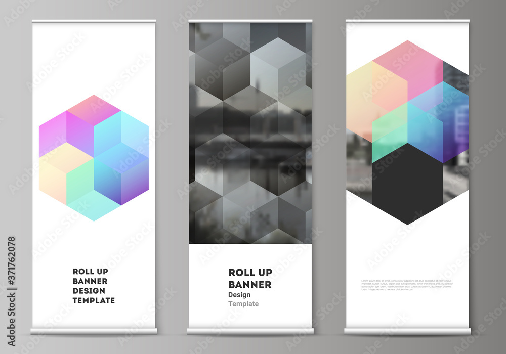 Wall mural vector layout of roll up mockup design templates with colorful hexagons, geometric shapes, tech back