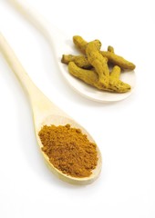 Root of Turmeric, curcuma longa, an Indian Spice against White Background