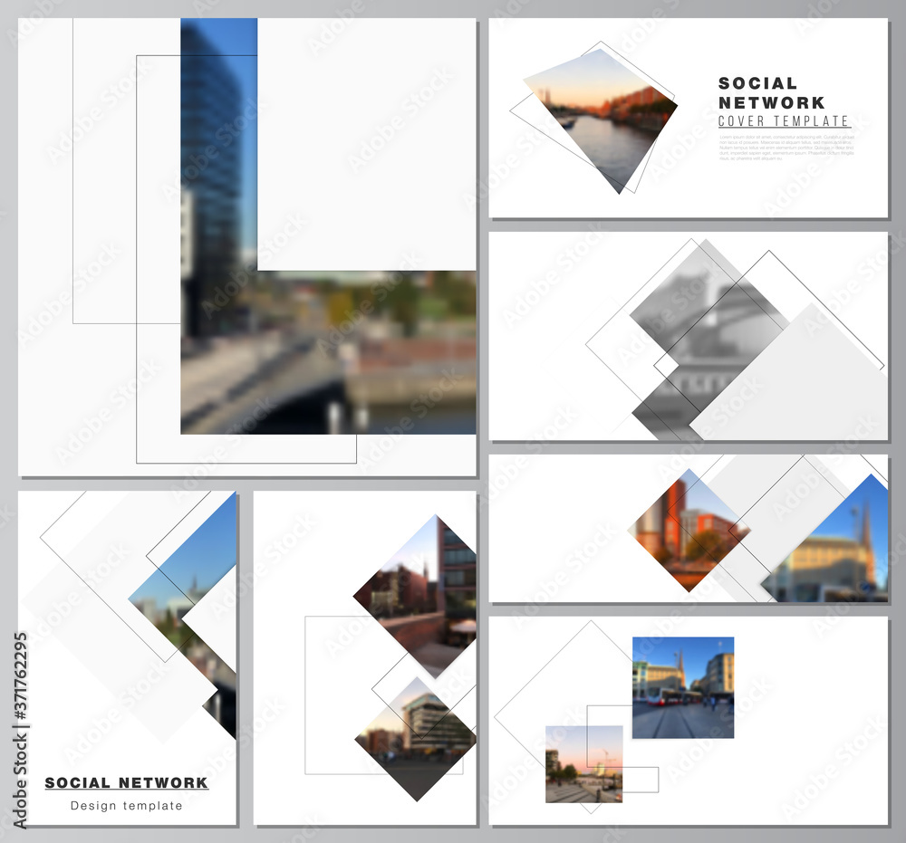 Poster vector layouts of modern social network mockups in popular formats with geometric simple shapes, lin