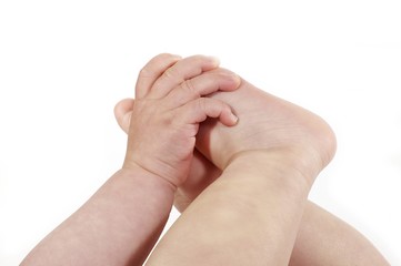 Baby's Hand and Foot against White Background