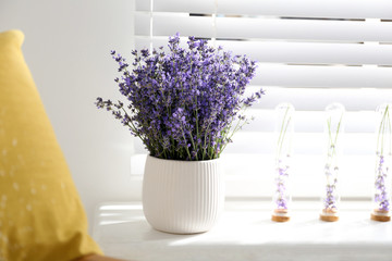 Beautiful lavender flowers on window sill indoors