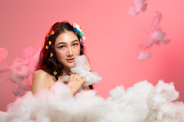 Woman relax in Fantasy bathroom and shower with puffy white Cloud