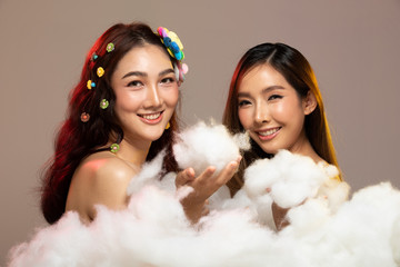 Woman relax in Fantasy bathroom and shower with puffy white Cloud