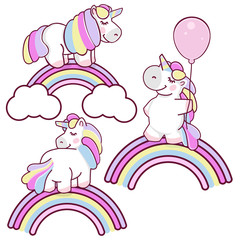 Set of magical unicorns and rainbow, design isolated on white background. Print for t-shirt or sticker. Romantic hand drawing illustration for children. Vector illustration