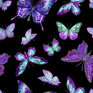Seamless pattern of purple butterflies on a black background, graphic print for various designs and fabrics.