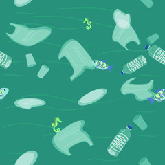 Plastic pollution.Seamless pattern.Ocean,sea water with plastic garbage