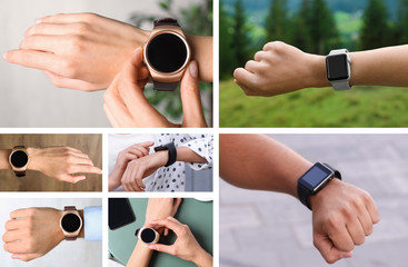 Photos of people with smart watches, closeup view. Collage design