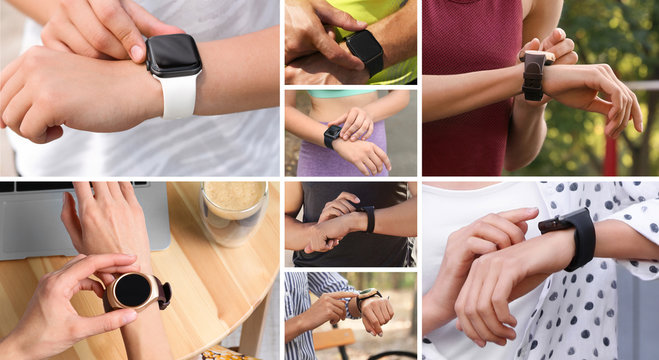 Photos of people with smart watches, closeup view. Collage design