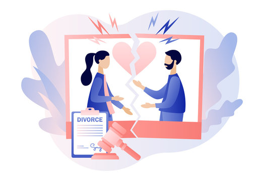 Divorcement. Tiny people relationship breakup. Husband and wife at torn apart wedding photo. Broken heart. End of family life. Sign agreement divorce document. Modern flat cartoon style. Vector