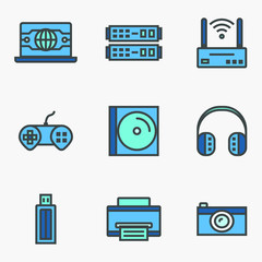 Line flat technology objects icon (Notebook, Server, Wifi, Camera, Headset, CD, Printer, USB, Joystick). Vector illustration icon set