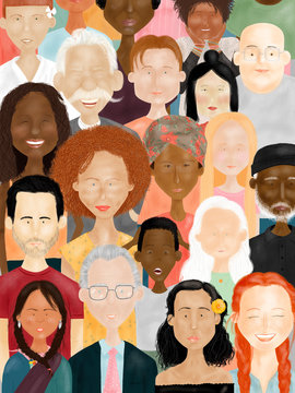Illustration of people’s faces: men, woman, young and elderly of different races, ethnicities, colors, nations and religions