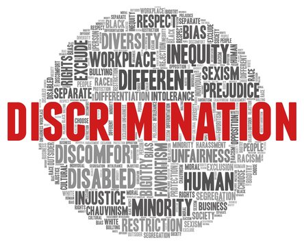 Discrimination word cloud isolated on a white background. 