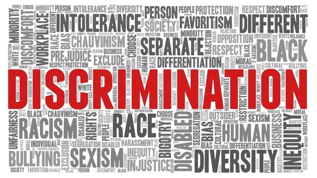 Discrimination word cloud isolated on a white background. 