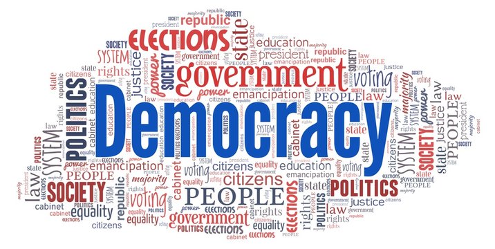 Democracy word cloud isolated on a white background.