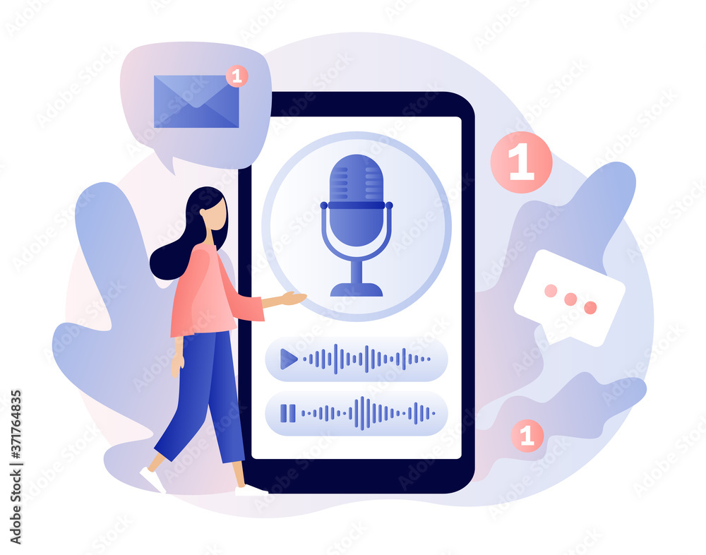 Poster voice messages concept. tiny girl use microphone in smartphone to record message or talk to voice as