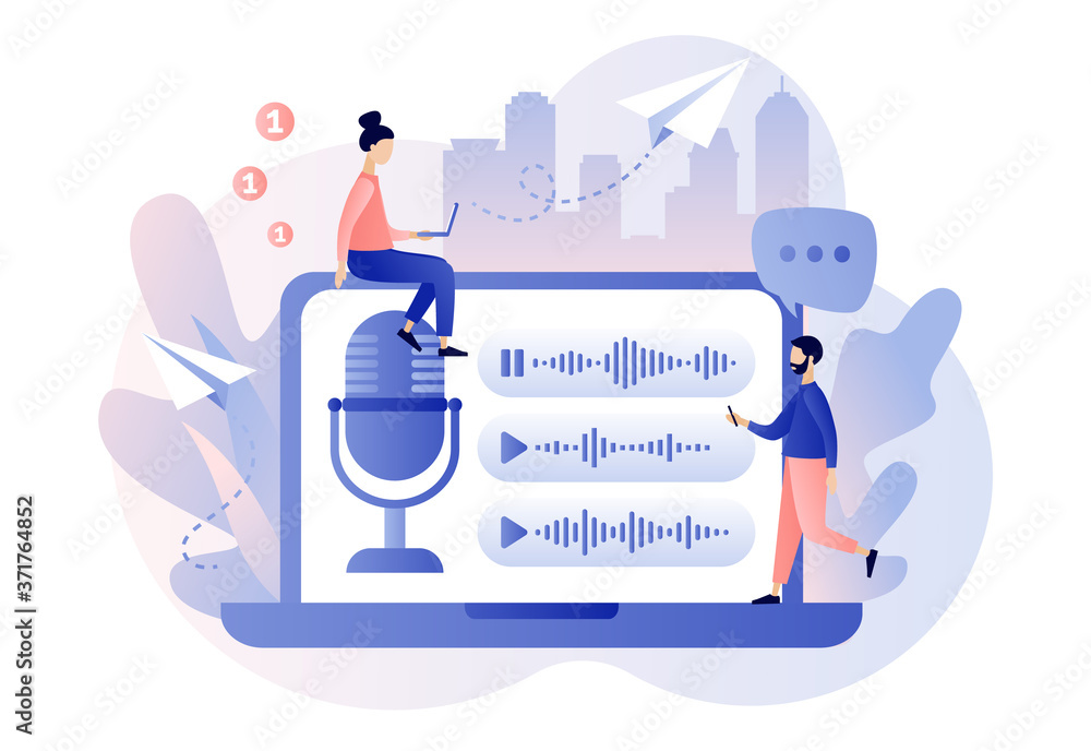 Poster voice messages concept. tiny people use microphone in laptop to record message or to voice assistant