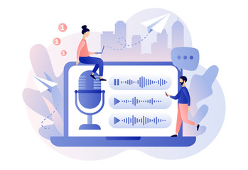 Voice messages concept. Tiny people use microphone in laptop to record message or to voice assistant. Chat app. Online communication. Modern flat cartoon style. Vector illustration on white background