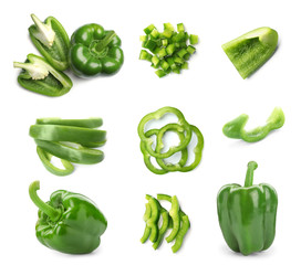 Set of cut and whole green bell peppers on white background