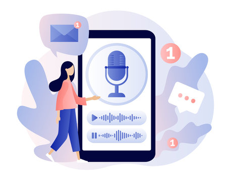Voice messages concept. Tiny girl use microphone in smartphone to record message or talk to voice assistant. Chat app. Modern flat cartoon style. Vector illustration on white background