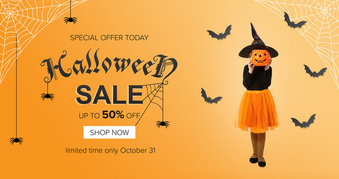 Halloween sale banner with little witch on orange background