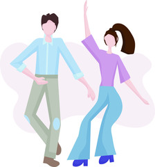 Obraz na płótnie Canvas Happy dancing couple. A young man and a girl at a disco or a party. It's time to relax and have a rest. Fun to celebrate the holiday. Dance movements, activity, entertainment. flat design