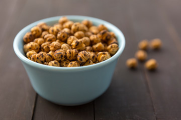 Roasted Chickpea in a bowl on wooden background. Turkish known as leblebi