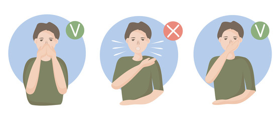 How to sneeze or cough properly, to prevent the spread of viruses. you have to close your mouth with hand. people with a cold and a disease sneeze. Preventive measures against coronavirus infection.