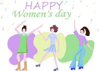 Modern young girls are dancing. Dance moves, fun and entertainment. Women's friendship and common leisure. Together will celebrate the International Women's Day. Flat design