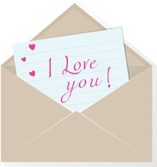 An open brown paper envelope with a letter of love and pink hearts.  Symbol of a postal message and a declaration of love. Congratulations on Valentine's Day