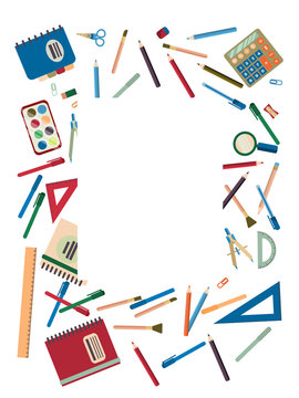 A vertical frame of randomly arranged school supplies. Back to school. Vector illustration in flat style.