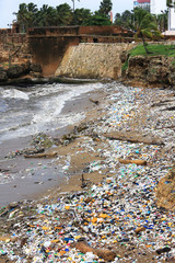 Garbage, plastic bags and bottles covering a city beach of Santo Domingo, the capital of the Dominican Republic.