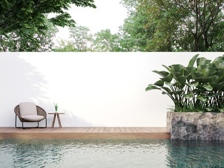 Modern style swimmimg pool terrace with blank wall for copy space 3d render, There are wooden floor,green tile in the swimming pool and ,empty white wall,Surrounded by nature. - obrazy, fototapety, plakaty
