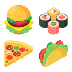 Isometric junk food. Pizza, tacos, sushi and burger, 3d junk food delivery isolated vector illustration icons set