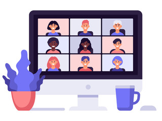 Video conference. Work from home, online meeting, people taking with colleagues, computer screen conference video call vector illustration