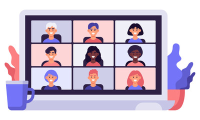 Work from home. Video conference online meeting, colleagues chatting on computer screen, video call vector illustration