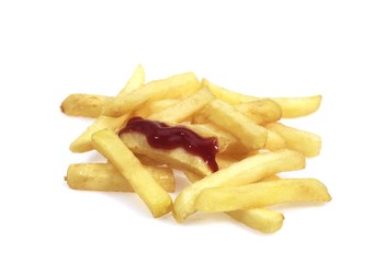 French Fries and Tomato Sauce against White Background