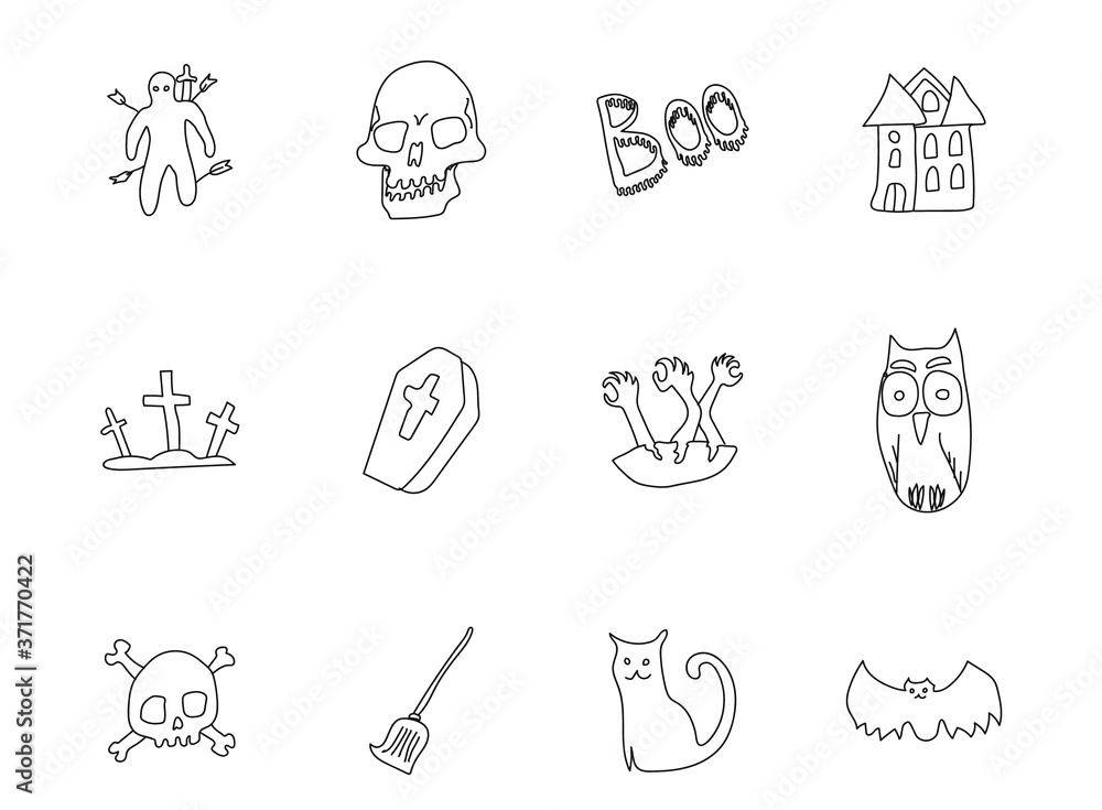 Aufkleber halloween hand drawn linear vector icons isolated on white background. halloween doodle icon set for