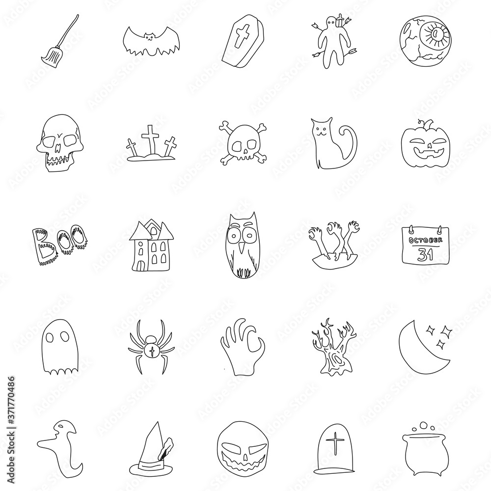 Poster halloween hand drawn linear doodles isolated on white background.halloween icon set for web and ui d
