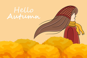 Hand draw illustration of Cute girl character in autumn background.