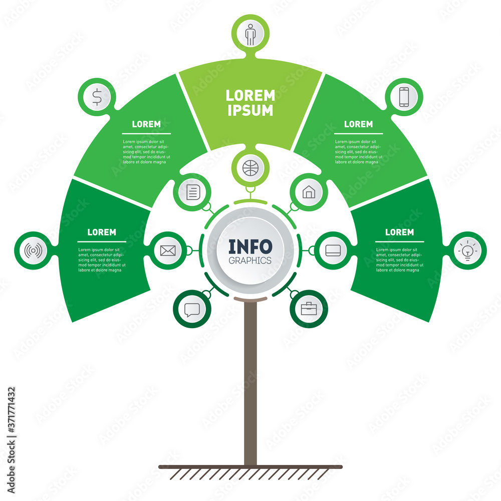 Poster vertical infographics in the form of a tree with 5 parts. tree of development and growth of the busi