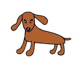 Simple vector drawing. Cute little brown dog, a breed of dachshund isolated on a white background. Favorite pets. For children’s design, labels, logo, sticker, t-shirt with print.