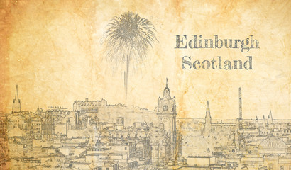 Fireworks over Edinburgh Castle, Scotland, sketch on old paper
