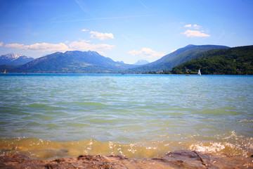 View at the Lake Annecy a perialpine lake in Haute Savoie in France. 