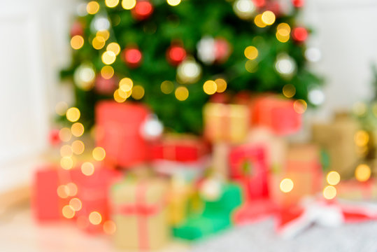 Blur background bokeh for christmas festival event party in auditorium hall convention audience present display goods products on shelf. Blurry abstract background with copy space template banner