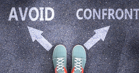 Avoid and confront as different choices in life - pictured as words Avoid, confront on a road to symbolize making decision and picking either Avoid or confront as an option, 3d illustration