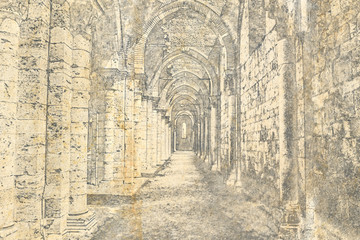 Abbey of San Galgano, sketch on old paper