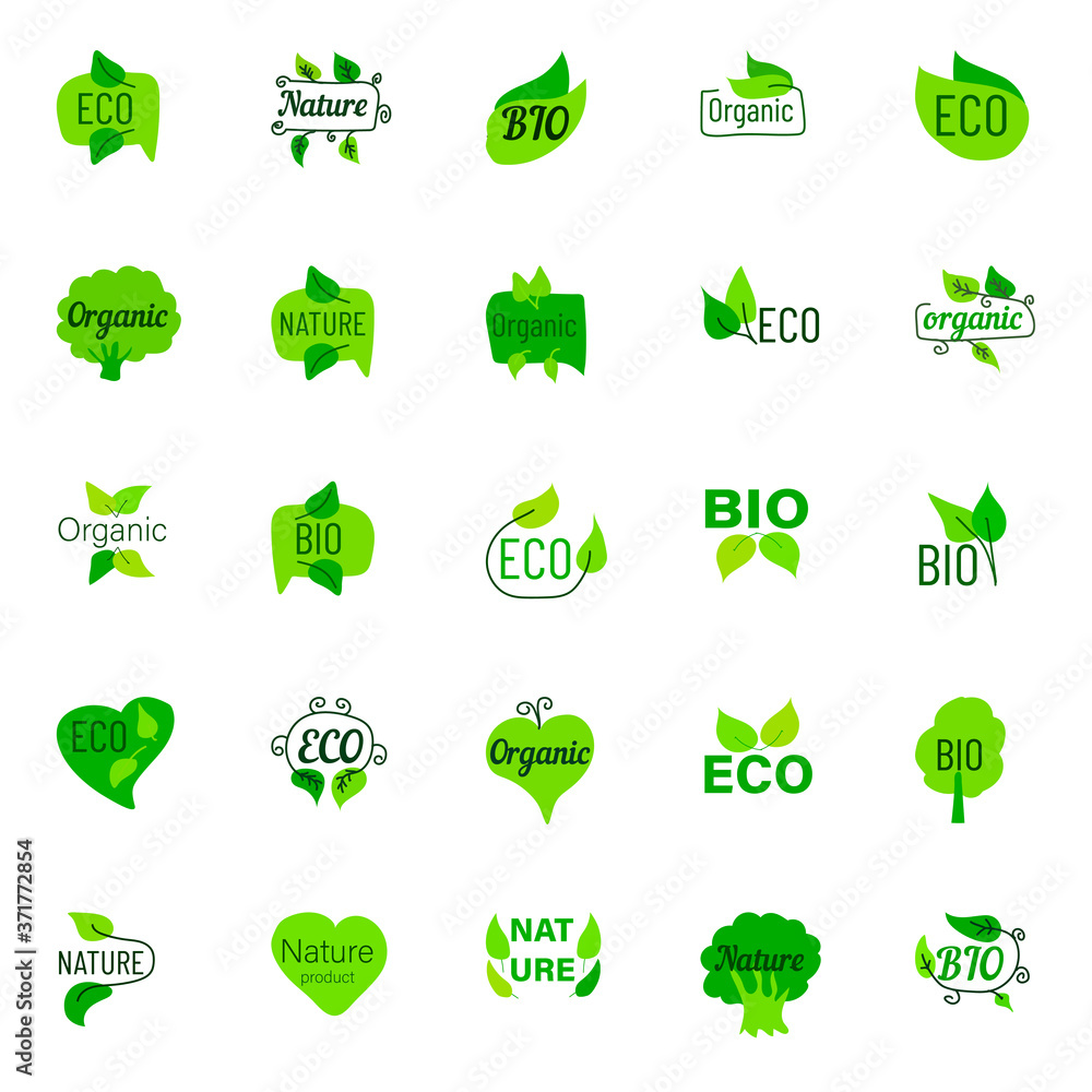 Poster eco label hand drawn linear doodles isolated on white background. eco label color icon set for web a