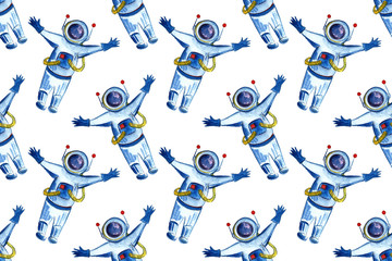 Watercolor space and astronautics illustration. Hand drawn background for kids. Cartoon rocket, planet, star, astronaut, comet and UFO. Funny drawing for posters, banners, prints, clothing